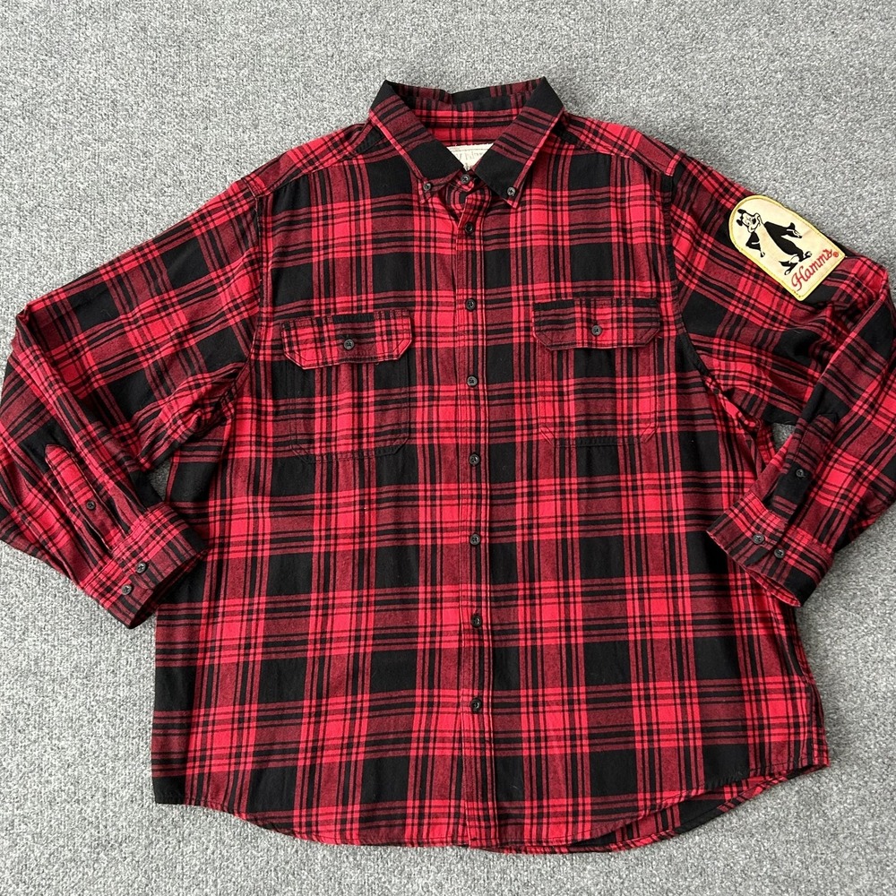 Hamms Beer Flannel Shirt Mens 2XL Red Plaid Angry Minnow VTG Canvas Old Tag